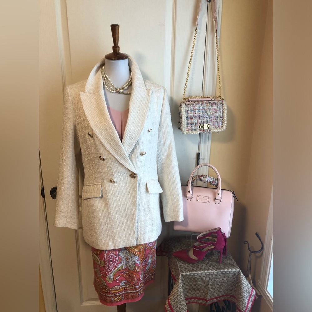 H&M Double-Breasted Bouclé Blazer with Gold Buttons
